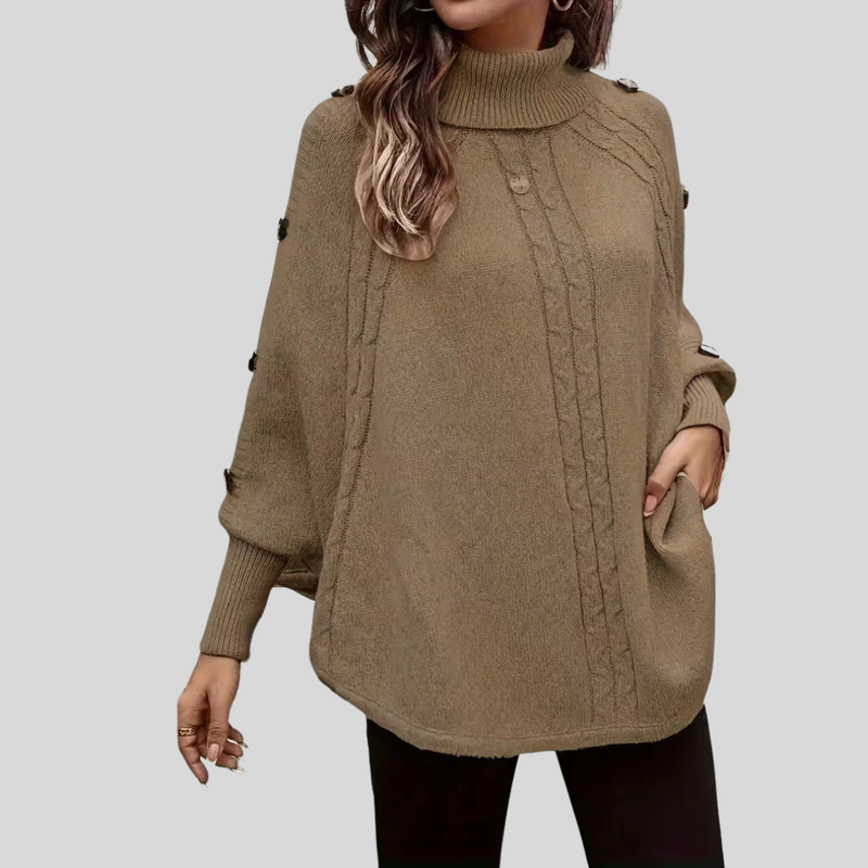 Turtleneck Poncho Sweater for Women with Button Trim and Cable Knit in Camel, front view