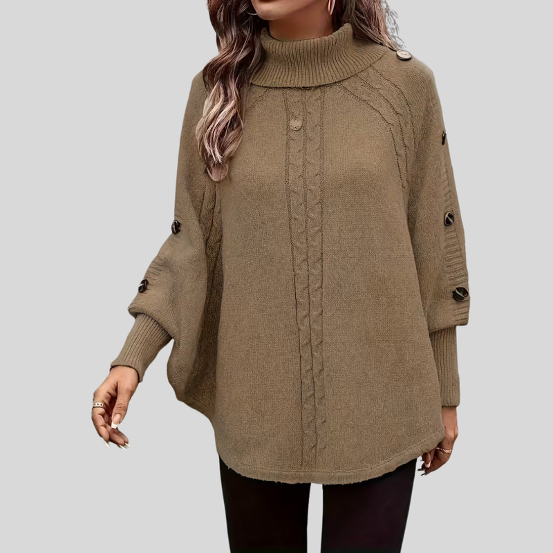 Turtleneck Poncho Sweater for Women with Button Trim and Cable Knit in Camel, side view