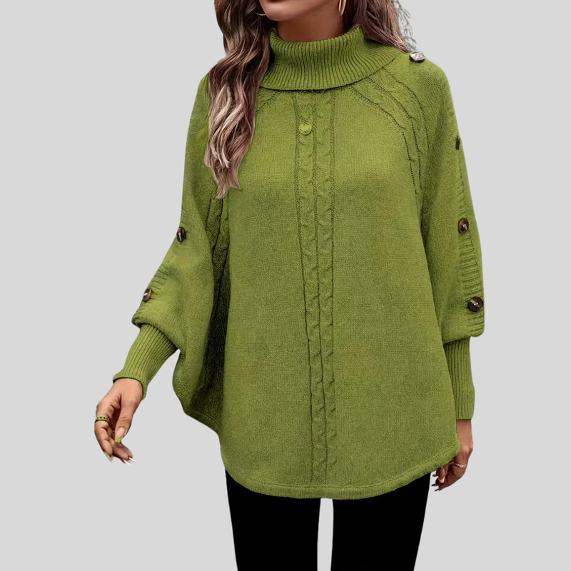 Turtleneck Poncho Sweater for Women with Button Trim and Cable Knit in Green, front view