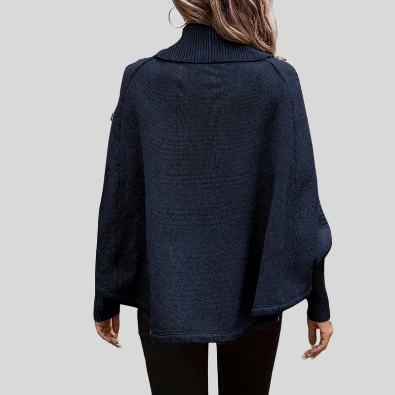 Turtleneck Poncho Sweater for Women with Button Trim and Cable Knit in Navy, back view
