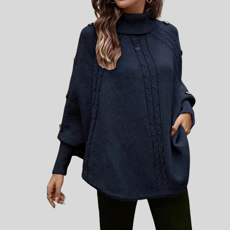 Turtleneck Poncho Sweater for Women with Button Trim and Cable Knit in Navy, front view