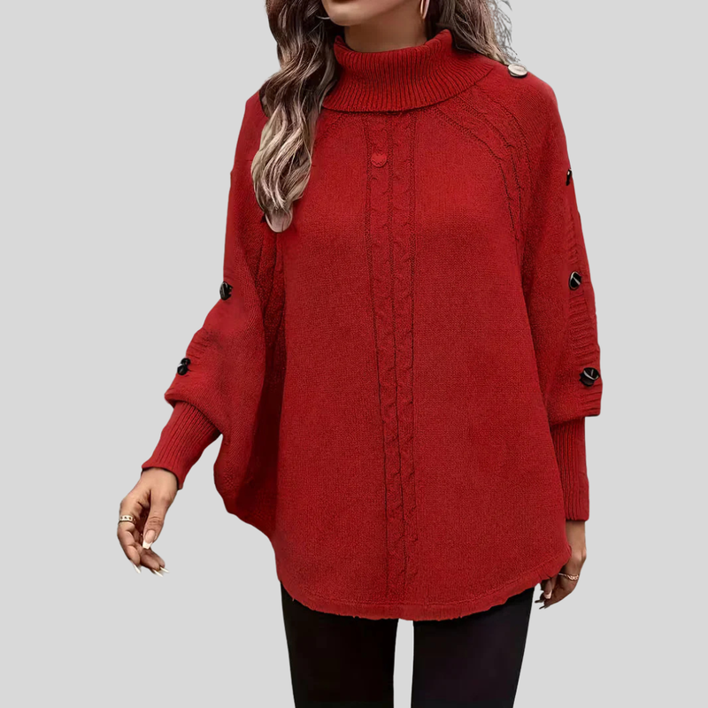 Turtleneck Poncho Sweater for Women with Button Trim and Cable Knit in Red, front view