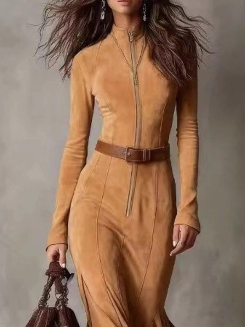 Long Sleeve Faux Suede Maxi Dress for Women with Zip Front and Belt in Camel, close-up