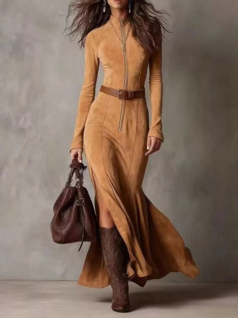 Long Sleeve Faux Suede Maxi Dress for Women with Zip Front and Belt in Camel, front view