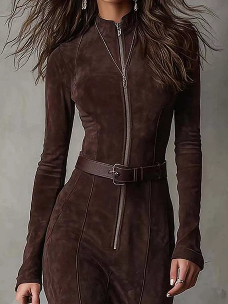 Long Sleeve Faux Suede Maxi Dress for Women with Zip Front and Belt in Dark Brown, close-up