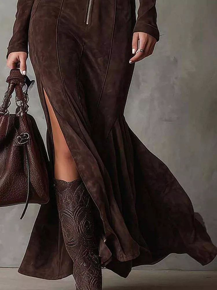 Long Sleeve Faux Suede Maxi Dress for Women with Zip Front and Belt in Dark Brown, slit detail