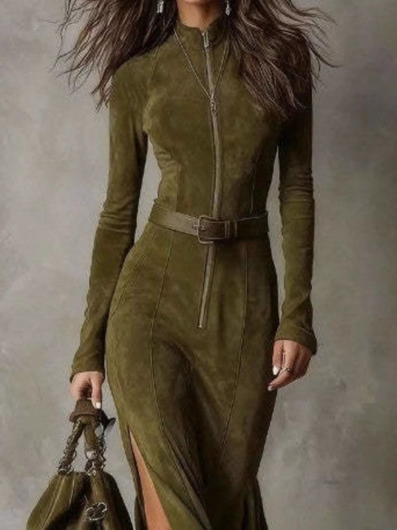 Long Sleeve Faux Suede Maxi Dress for Women with Zip Front and Belt in Moss, close-up
