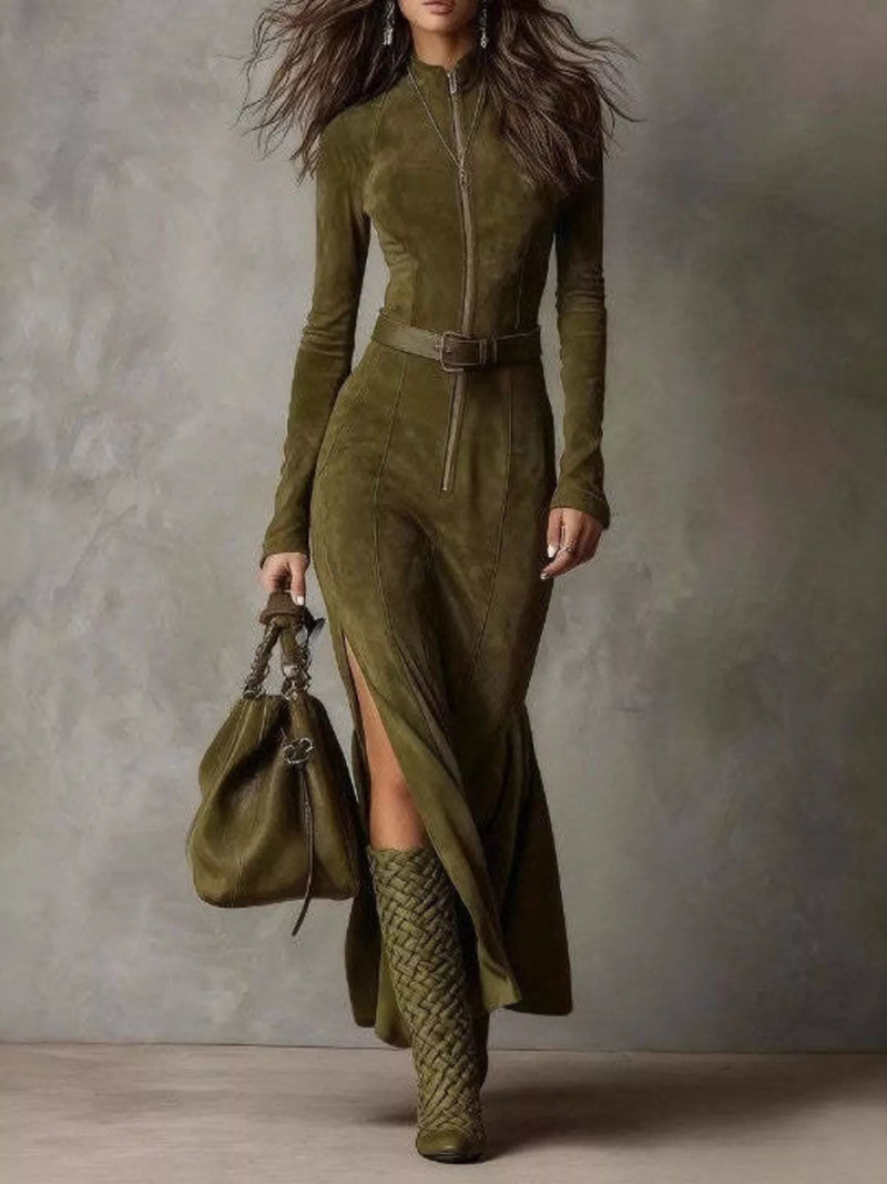 Long Sleeve Faux Suede Maxi Dress for Women with Zip Front and Belt in Moss, front view