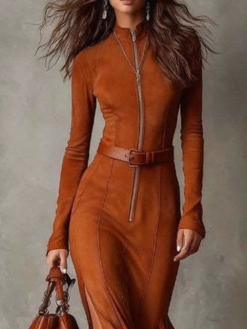 Long Sleeve Faux Suede Maxi Dress for Women with Zip Front and Belt in Terracotta, close-up
