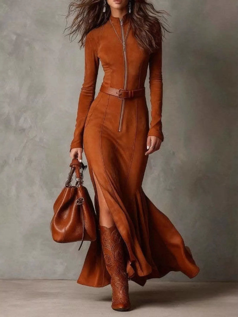 Long Sleeve Faux Suede Maxi Dress for Women with Zip Front and Belt in Terracotta, front view