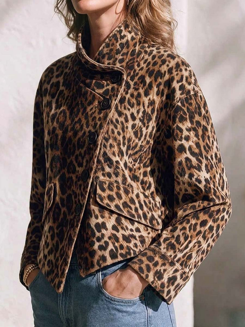 Leopard Print Jacket for Women with Asymmetric Buttons and Flap Pockets in Leopard, side view