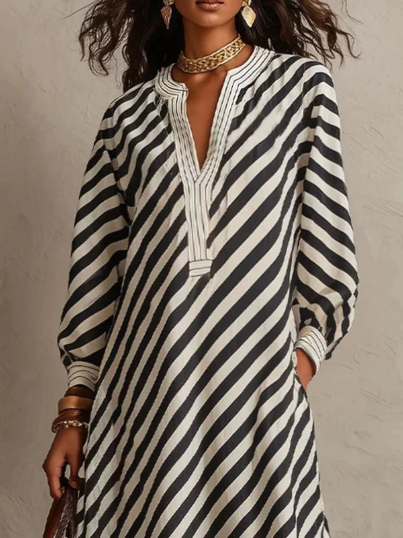 Striped Long Sleeve Maxi Dress for Women with V Neck and Pockets in Black, close-up