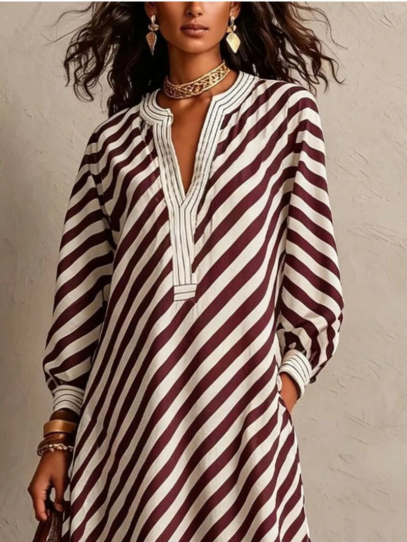 Striped Long Sleeve Maxi Dress for Women with V Neck and Pockets in Burgundy, close-up