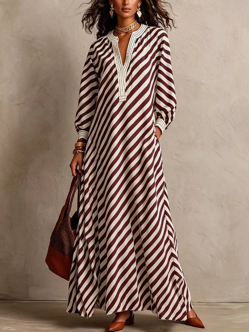 Striped Long Sleeve Maxi Dress for Women with V Neck and Pockets in Burgundy, front view