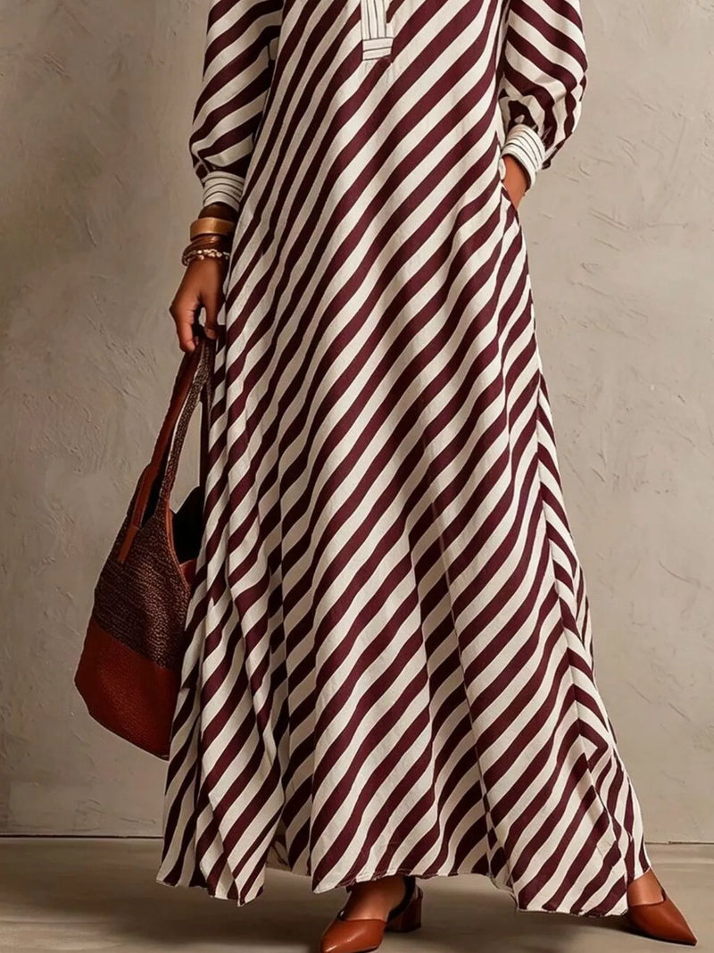 Striped Long Sleeve Maxi Dress for Women with V Neck and Pockets in Burgundy, side view