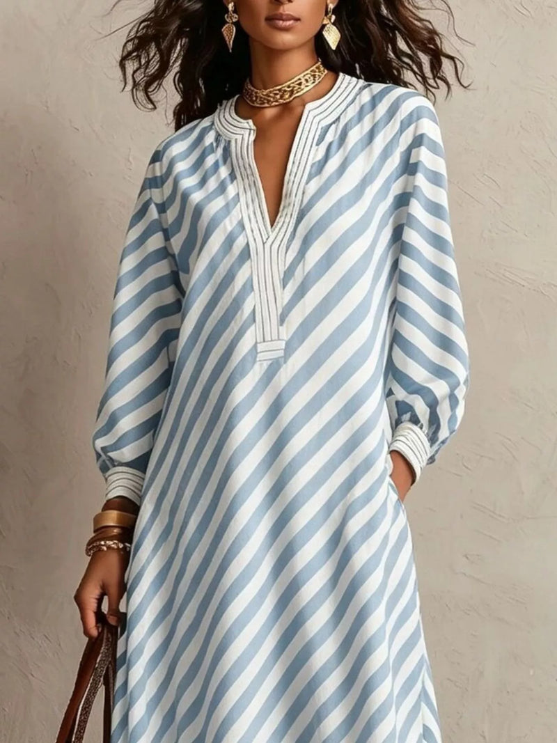 Striped Long Sleeve Maxi Dress for Women with V Neck and Pockets in Light Blue, close-up