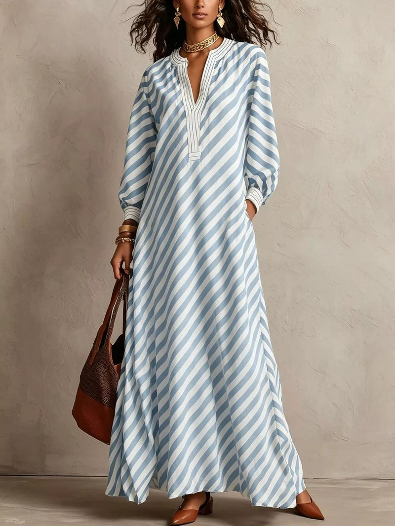 Striped Long Sleeve Maxi Dress for Women with V Neck and Pockets in Light Blue, front view