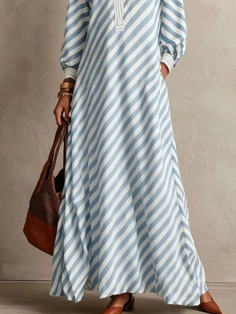 Striped Long Sleeve Maxi Dress for Women with V Neck and Pockets in Light Blue, side view