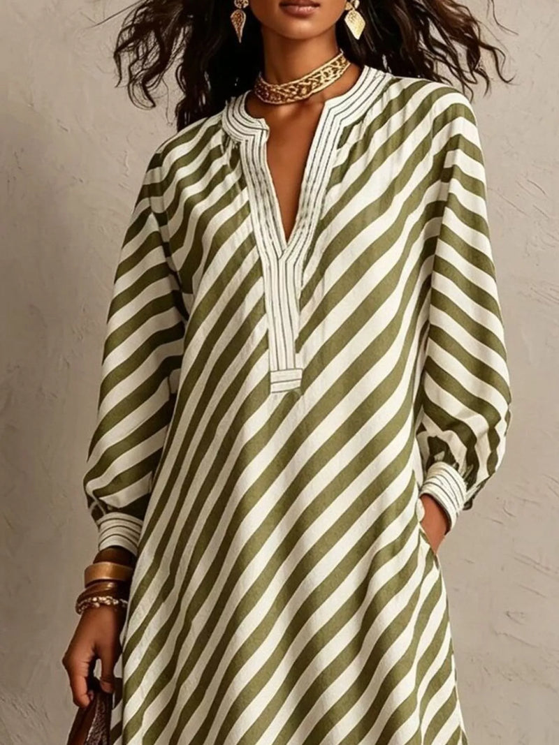 Striped Long Sleeve Maxi Dress for Women with V Neck and Pockets in Sage, close-up