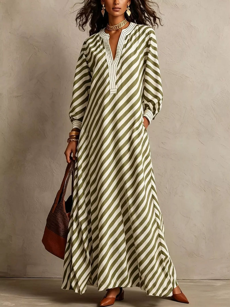 Striped Long Sleeve Maxi Dress for Women with V Neck and Pockets in Sage, front view