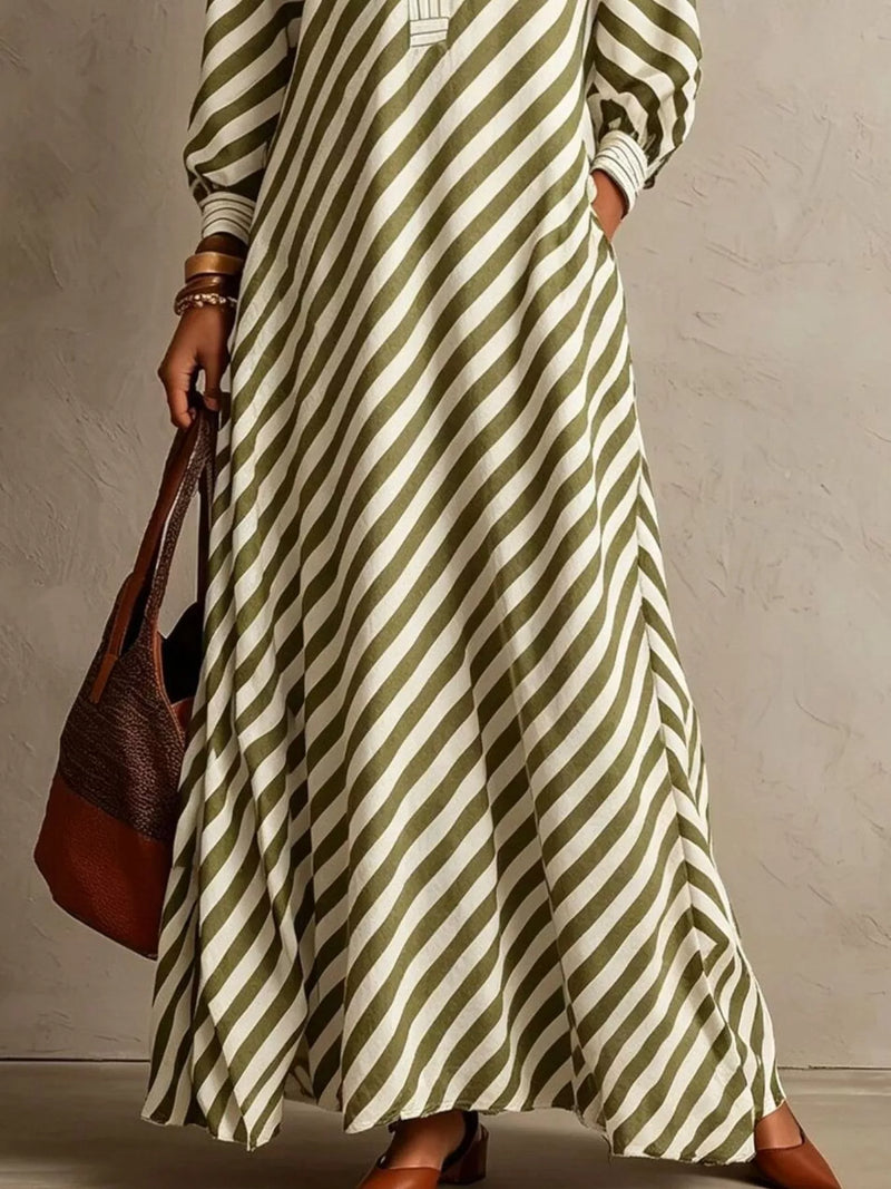 Striped Long Sleeve Maxi Dress for Women with V Neck and Pockets in Sage, pocket detail