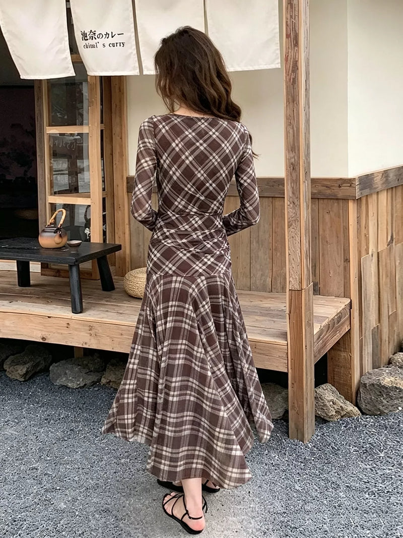 Plaid Long Sleeve Maxi Dress for Women with Ruched Waist and Flared Skirt in Brown, back view