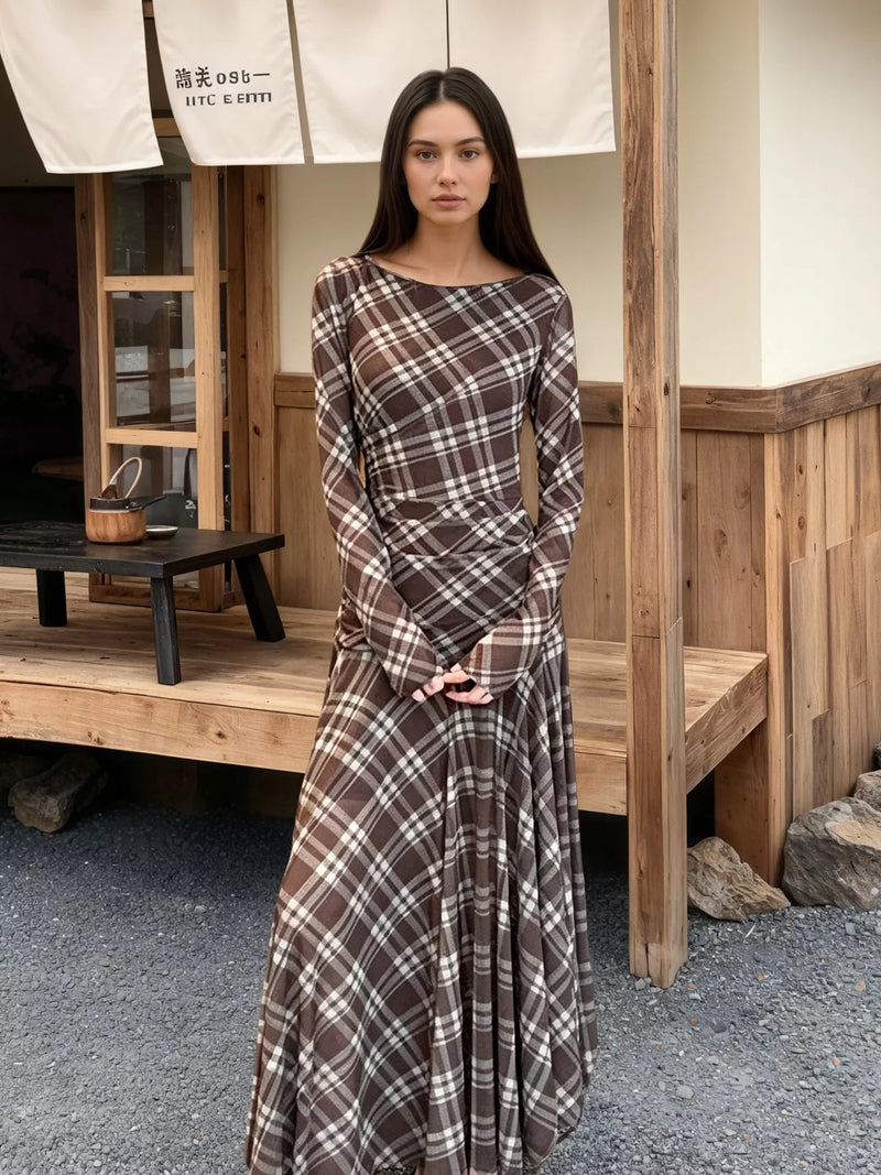 Plaid Long Sleeve Maxi Dress for Women with Ruched Waist and Flared Skirt in Brown, full length view
