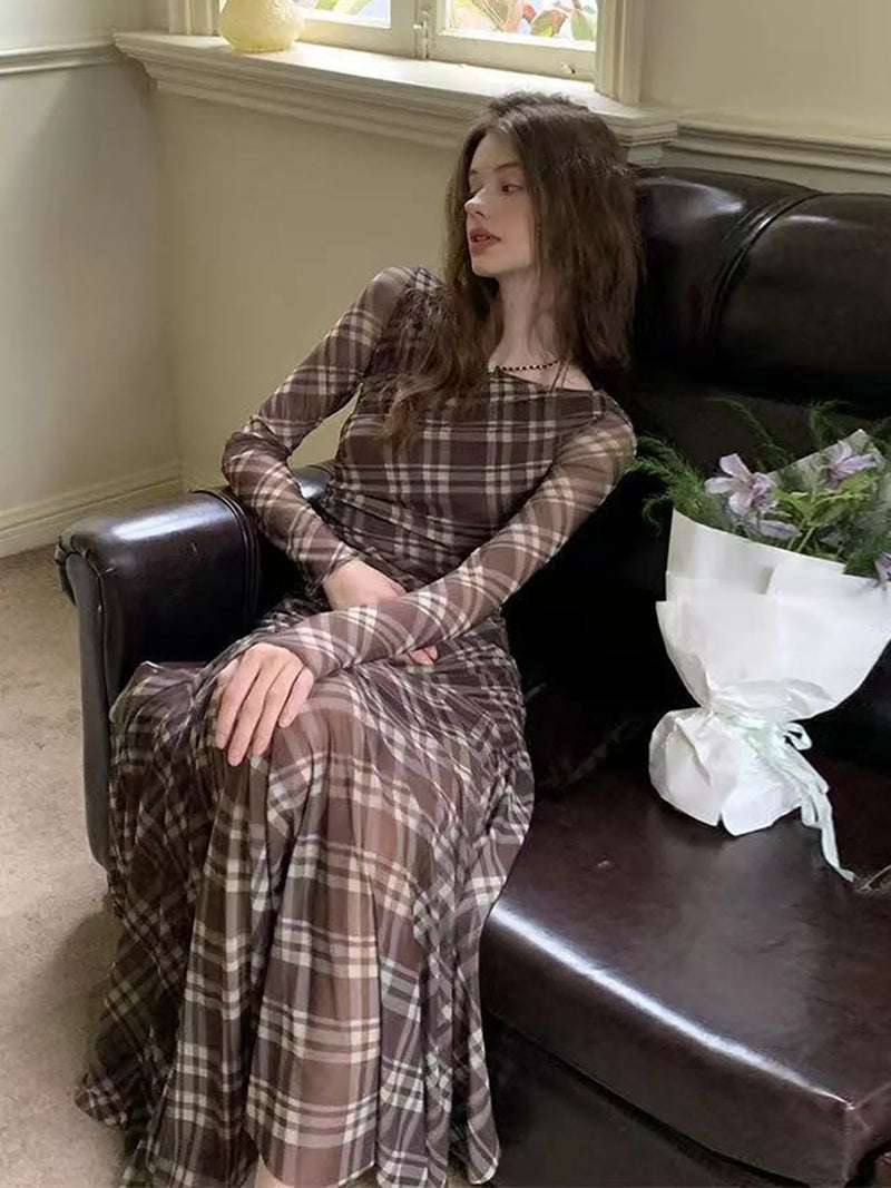 Plaid Long Sleeve Maxi Dress for Women with Ruched Waist and Flared Skirt in Brown, seated view