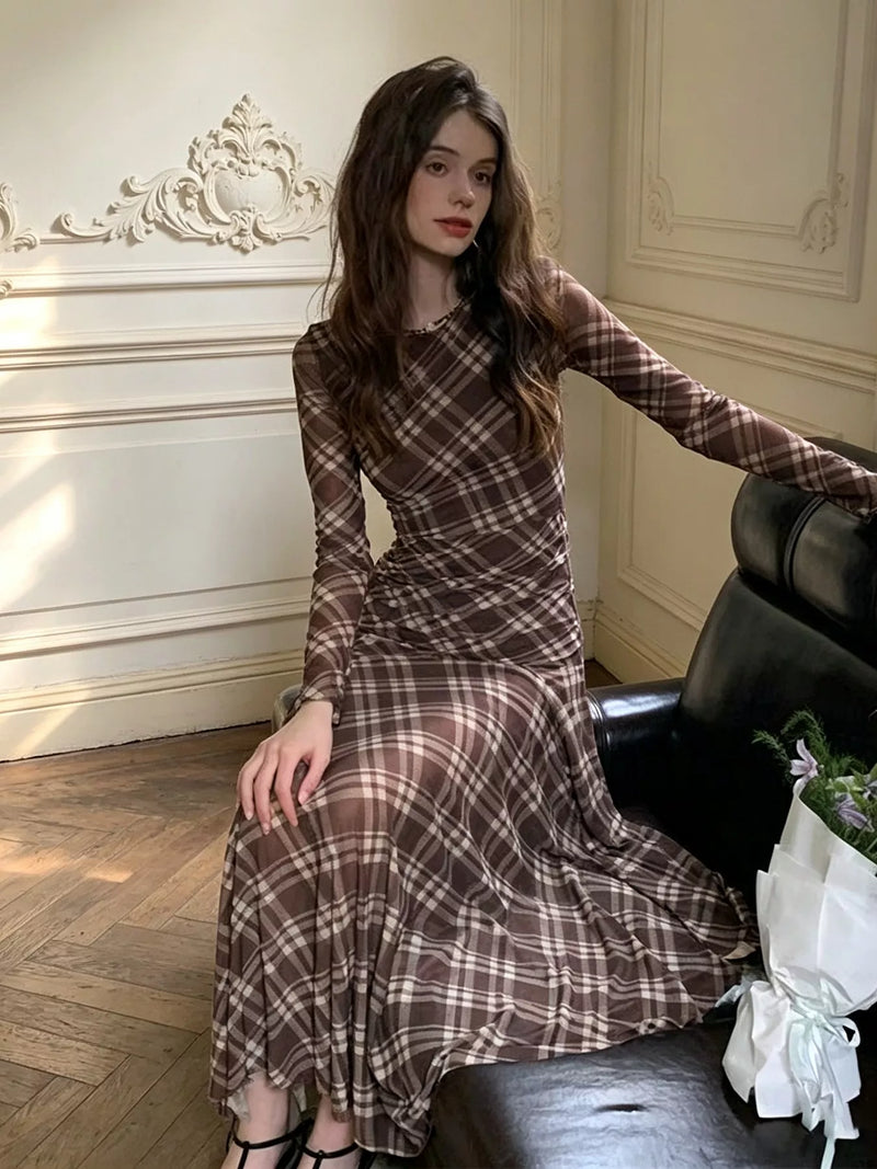 Plaid Long Sleeve Maxi Dress for Women with Ruched Waist and Flared Skirt in Brown, side view