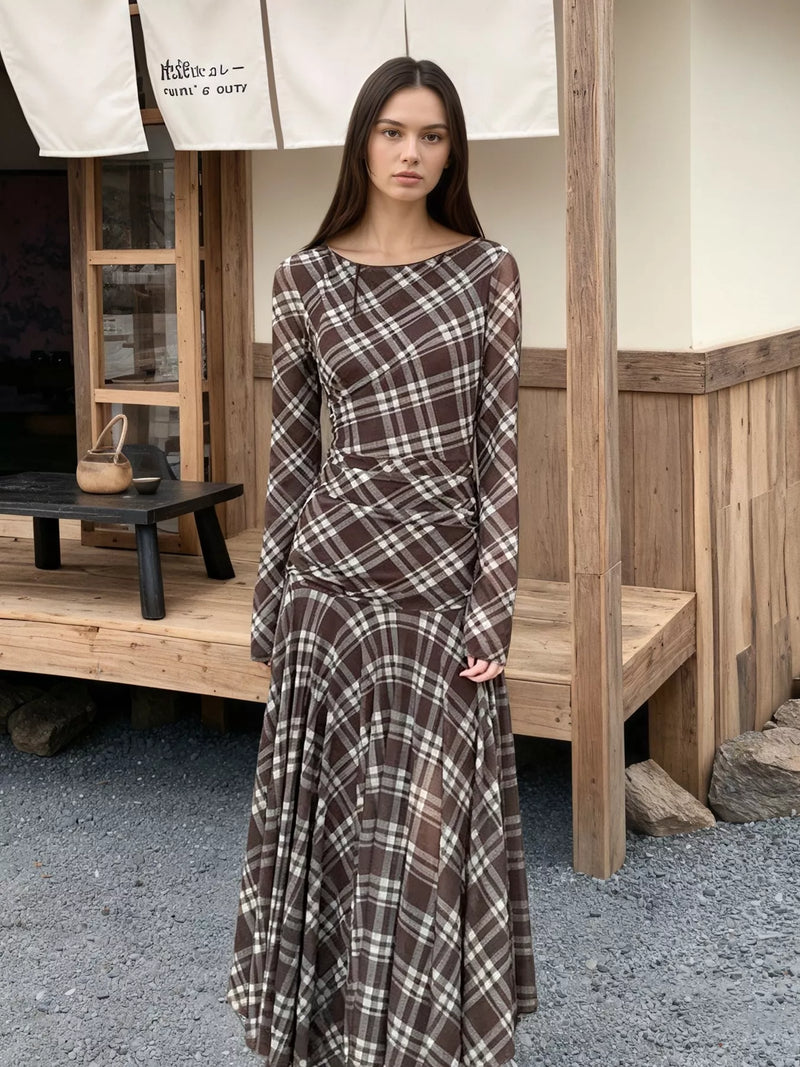 Plaid Long Sleeve Maxi Dress for Women with Ruched Waist and Flared Skirt in Brown, styled view