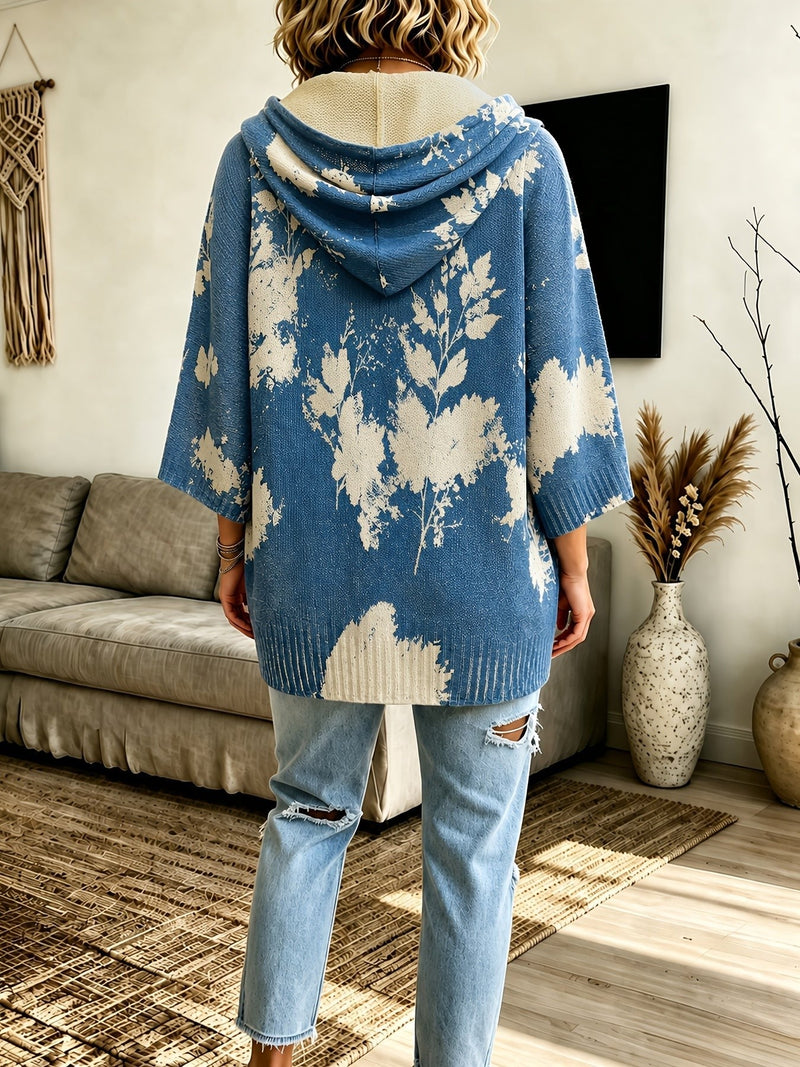 Floral Poncho Sweater for Women with Hood and Batwing Sleeves in Blue, back view