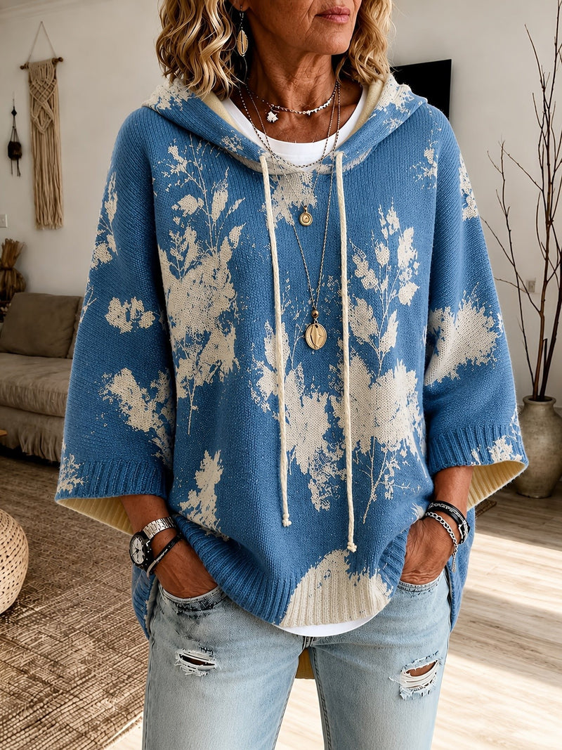 Floral Poncho Sweater for Women with Hood and Batwing Sleeves in Blue, front view 2