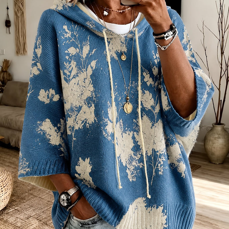 Floral Poncho Sweater for Women with Hood and Batwing Sleeves in Blue, front view
