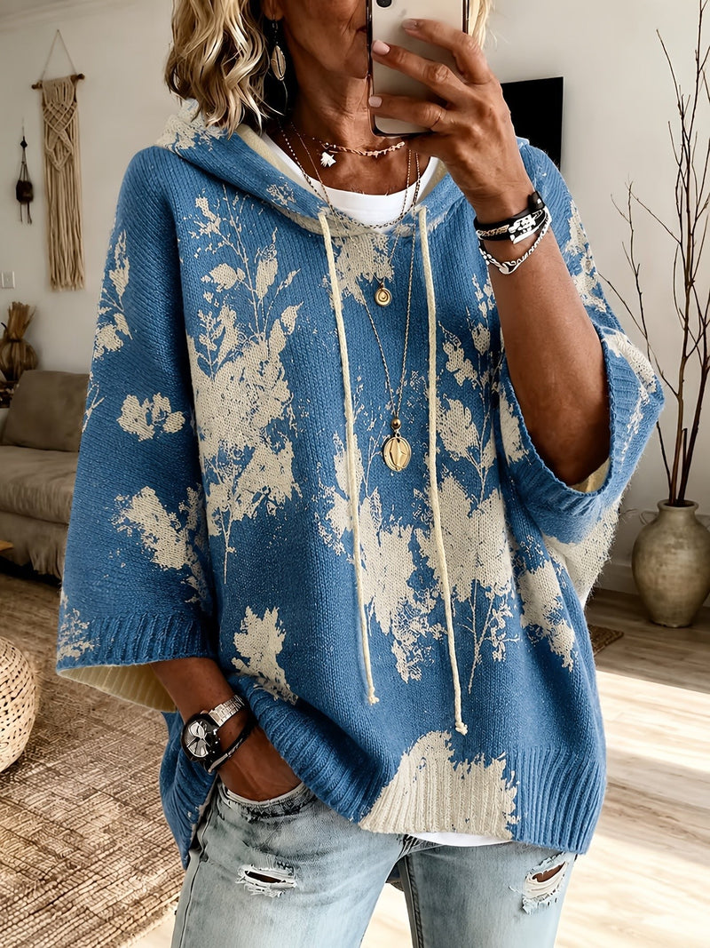 Floral Poncho Sweater for Women with Hood and Batwing Sleeves in Blue, mirror view