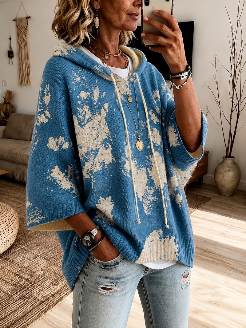 Floral Poncho Sweater for Women with Hood and Batwing Sleeves in Blue, mirror view 2