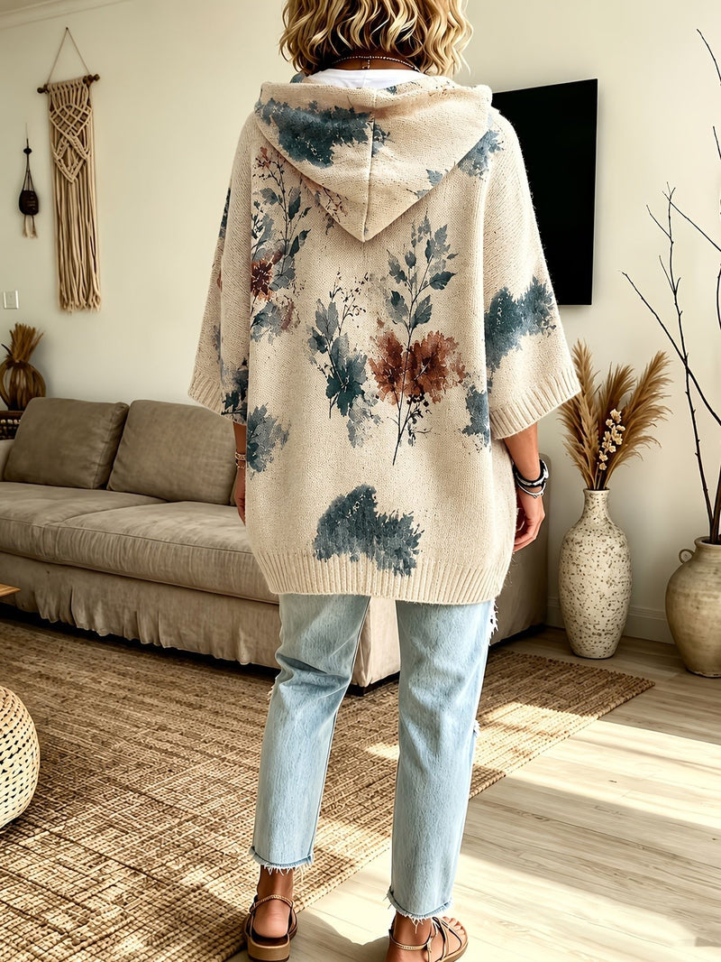Floral Poncho Sweater for Women with Hood and Batwing Sleeves in Cream, back view