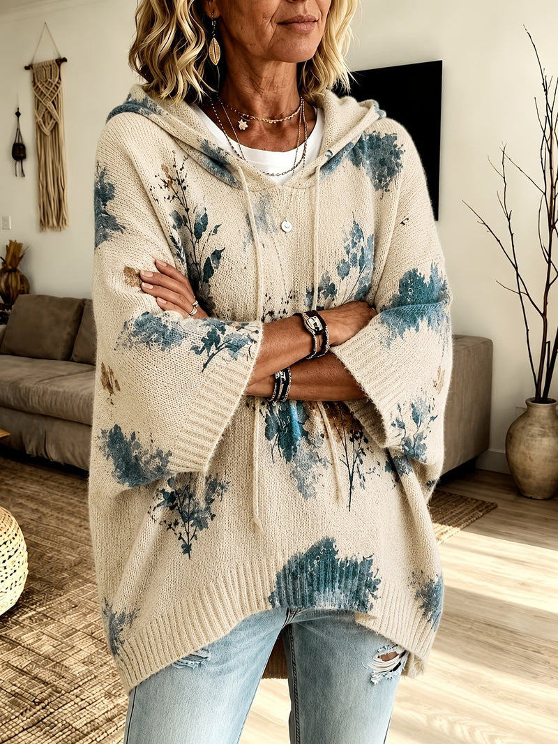 Floral Poncho Sweater for Women with Hood and Batwing Sleeves in Cream, front view 3