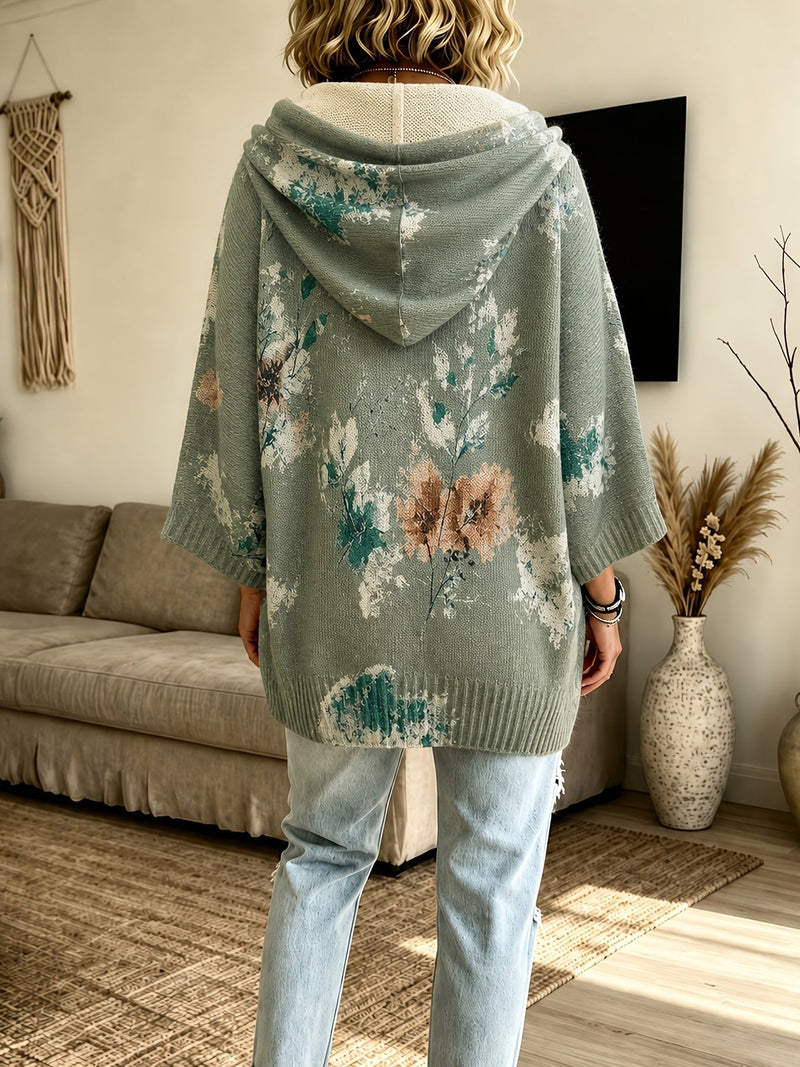 Floral Poncho Sweater for Women with Hood and Batwing Sleeves in Sage Green, back view
