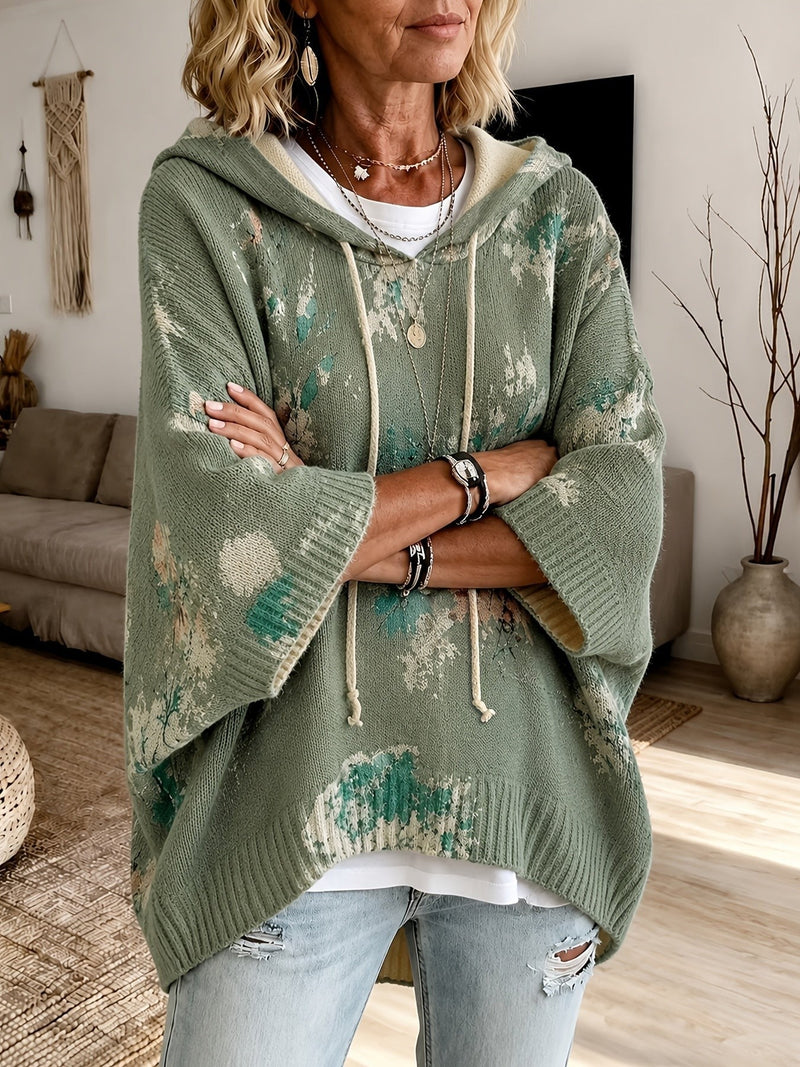 Floral Poncho Sweater for Women with Hood and Batwing Sleeves in Sage Green, front view