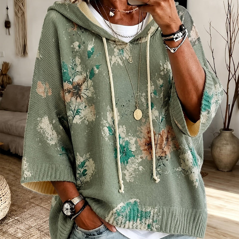 Floral Poncho Sweater for Women with Hood and Batwing Sleeves in Sage Green, front view 2