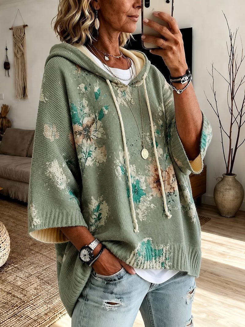 Floral Poncho Sweater for Women with Hood and Batwing Sleeves in Sage Green, mirror view
