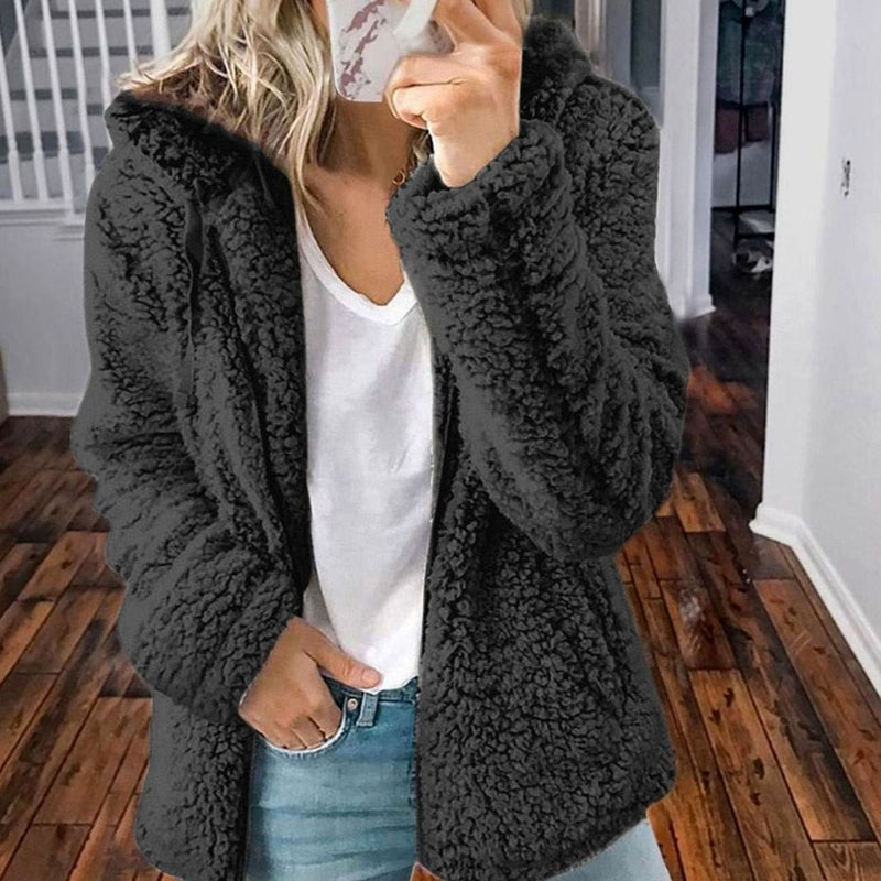 Oversized Teddy Coat for Women with Hood and Zip Front in Black, studio front view