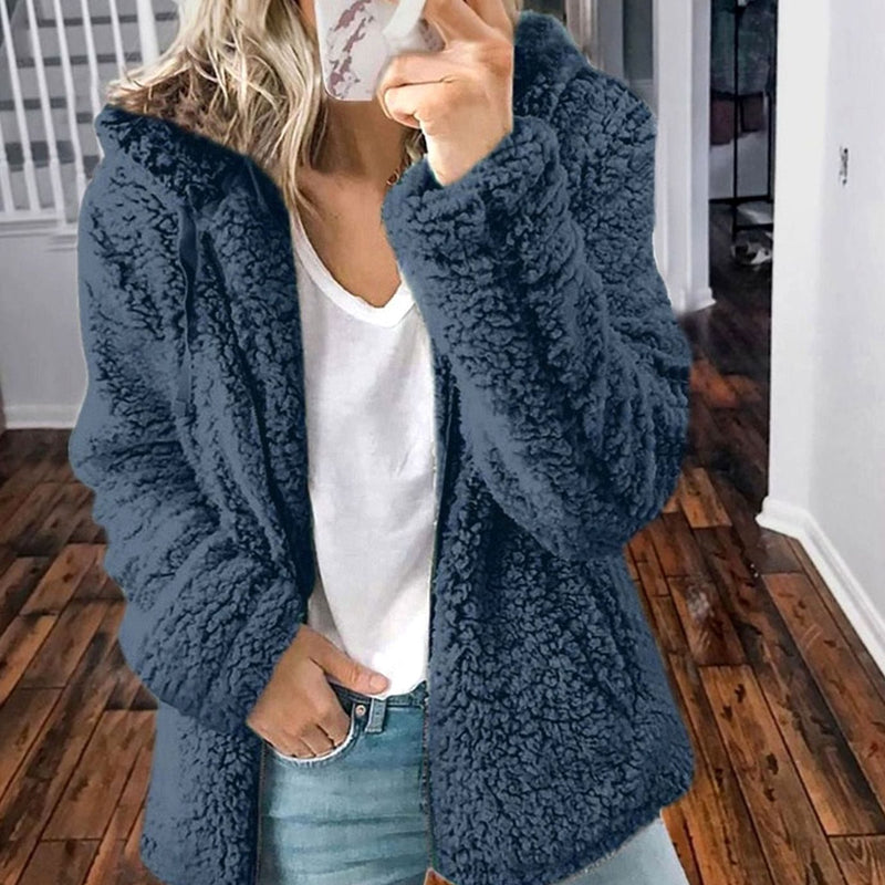 Oversized Teddy Coat for Women with Hood and Zip Front in Blue, studio front view