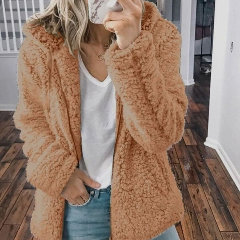 Oversized Teddy Coat for Women with Hood and Zip Front in Cappuccino, studio front view