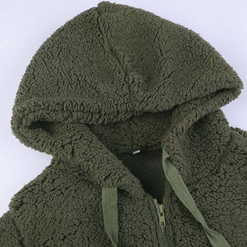 Oversized Teddy Coat for Women with Hood and Zip Front, studio front view