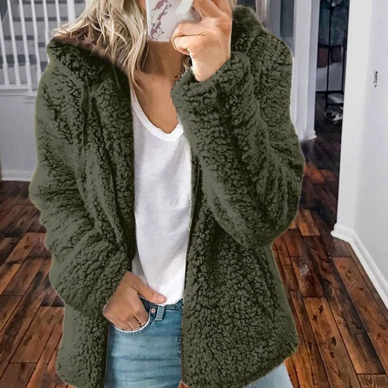 Oversized Teddy Coat for Women with Hood and Zip Front in Green, studio front view
