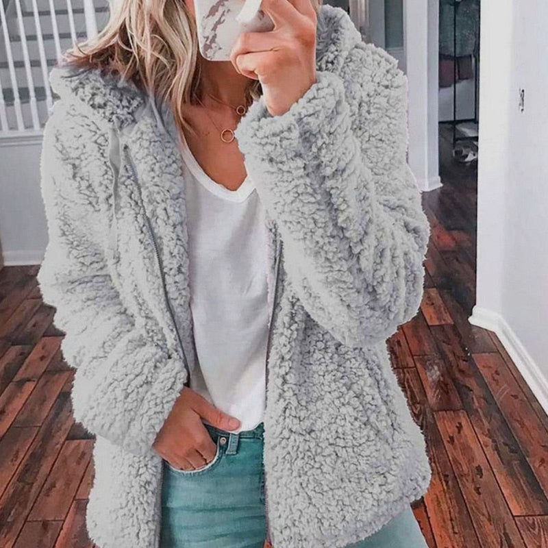 Oversized Teddy Coat for Women with Hood and Zip Front in Light Grey, studio front view