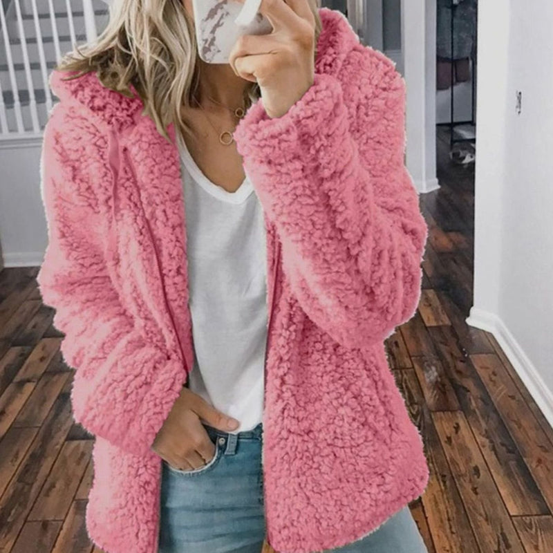 Oversized Teddy Coat for Women with Hood and Zip Front in Pink, studio front view