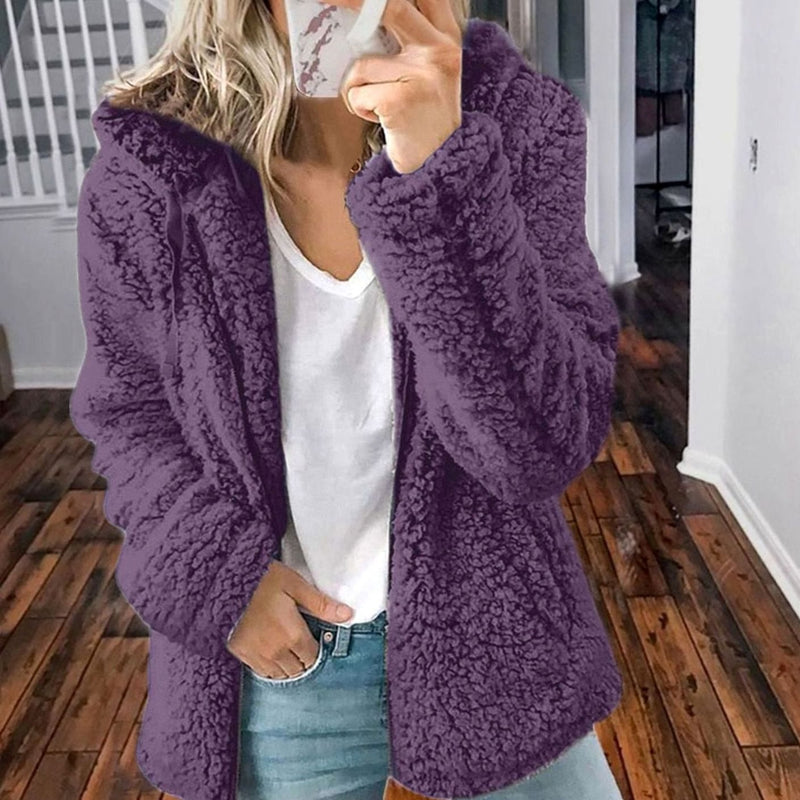Oversized Teddy Coat for Women with Hood and Zip Front in Purple, studio front view