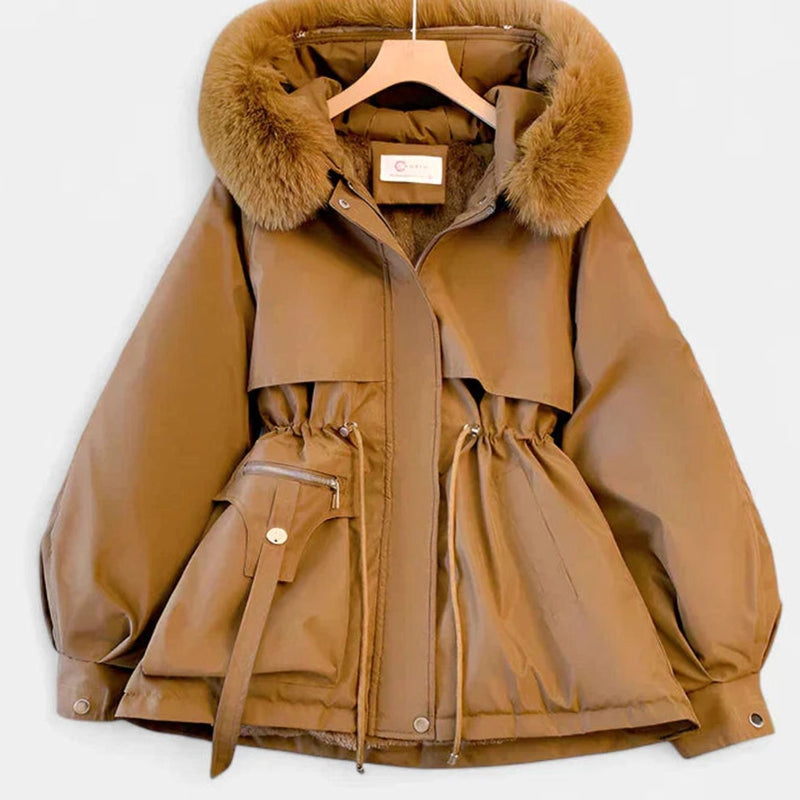 Fleece Lined Winter Jacket for Women with Faux Fur Hood and Cinched Waist in Brown, front view